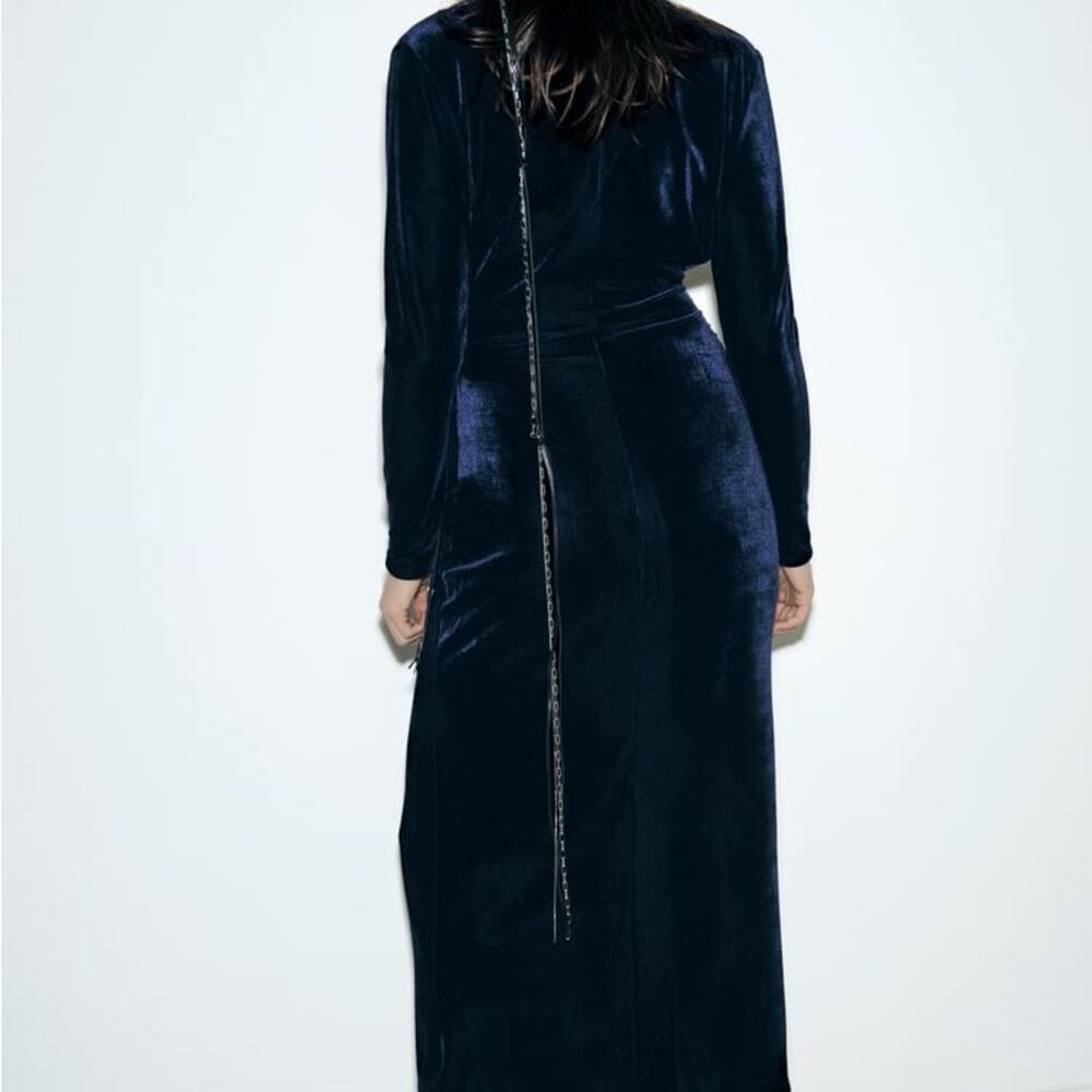 ZARA RUCHED VELVET MIDI DRESS - Picture 12 of 12